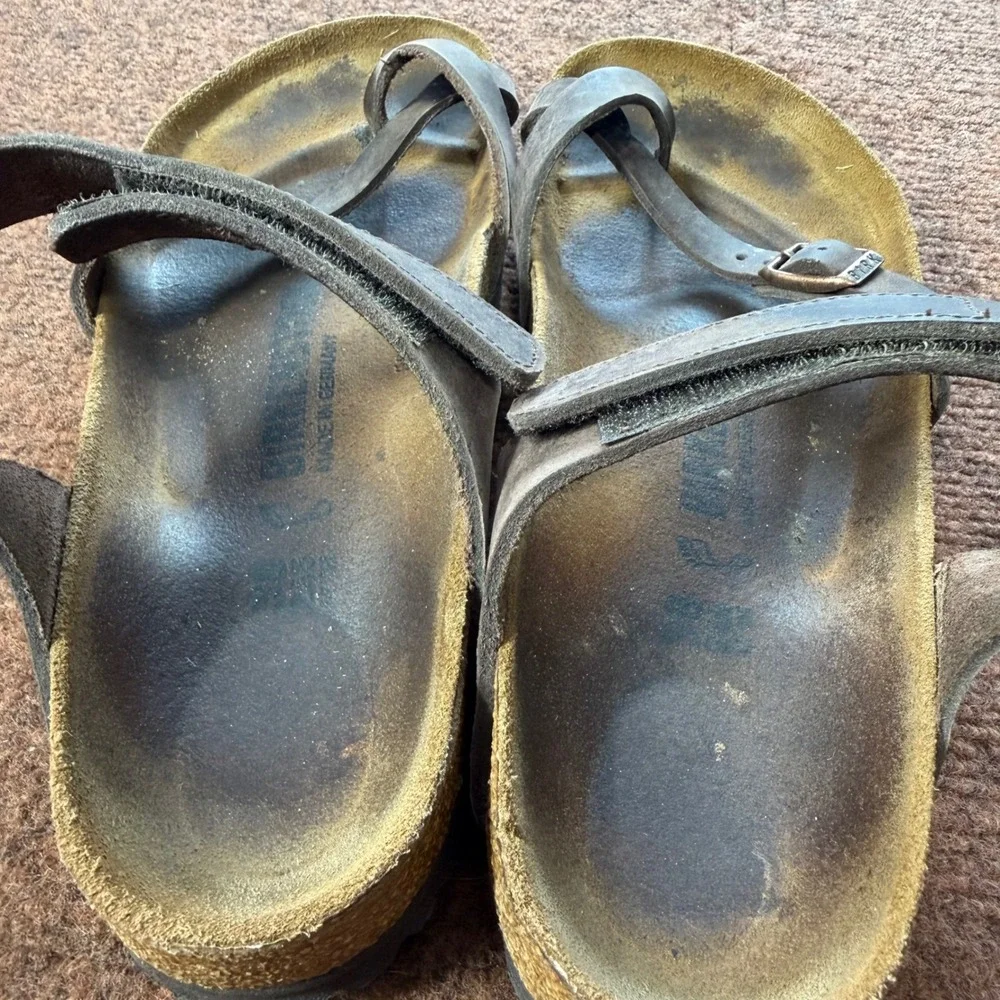 B+ Birkenstock Yara Oiled Leather Sandals Tobacco Brown Ankle Strap Womens 38 L7
